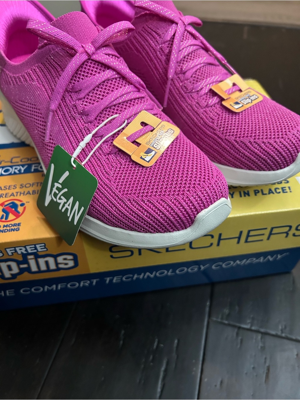 Skechers Women’s Hot Pink Stretch Knit Slip-On Sneakers with Rhinestone Heel - Picture 9 of 10